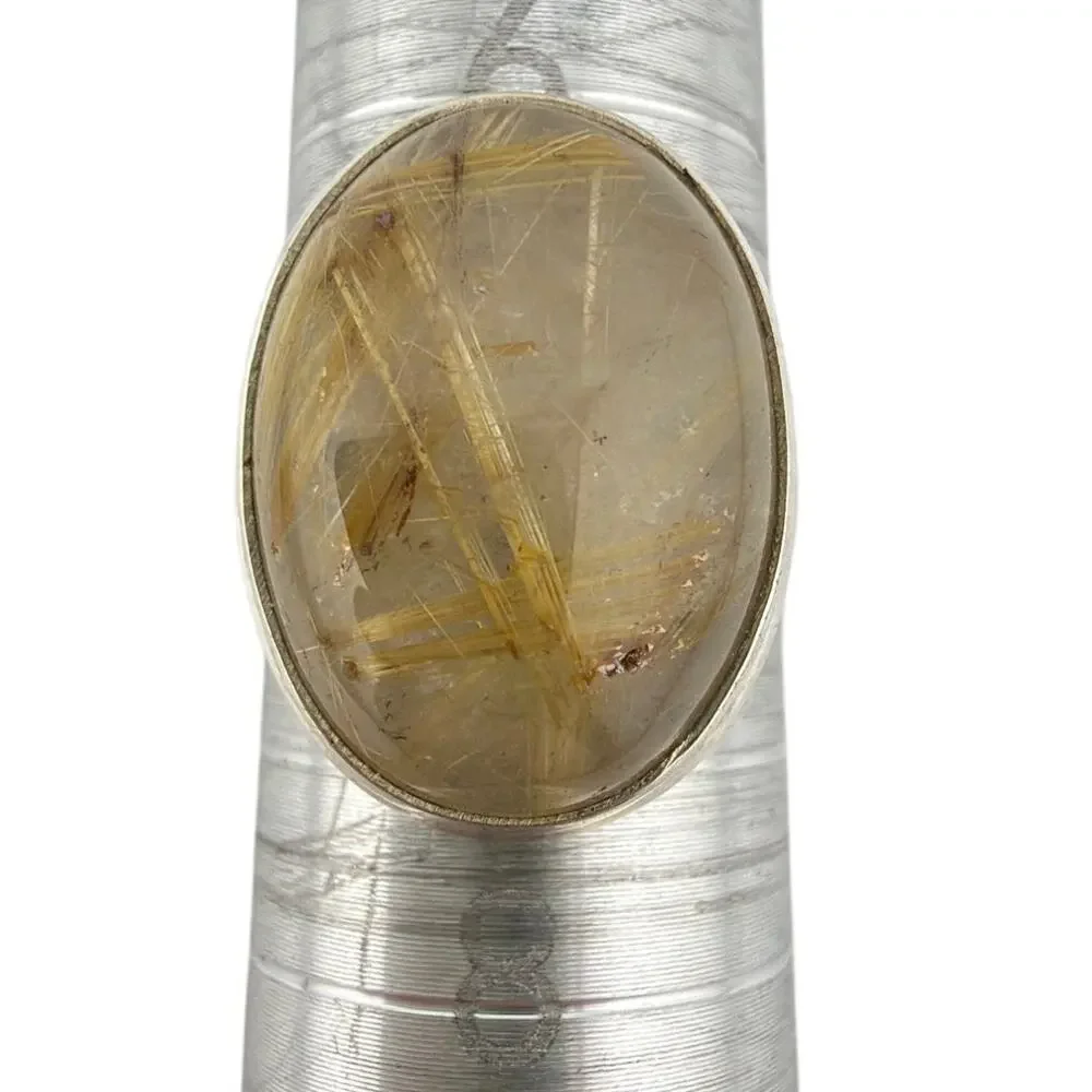 Oval Rutilated Quartz 925 Sterling Silver Statement Ring Size 7